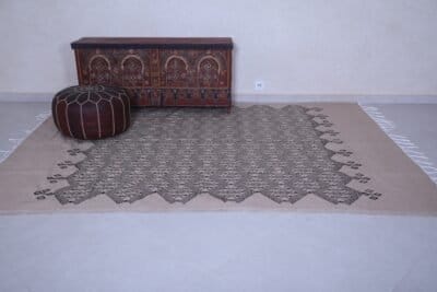 Moroccan flat woven kilim blanket – handmade beige and black rug or throw