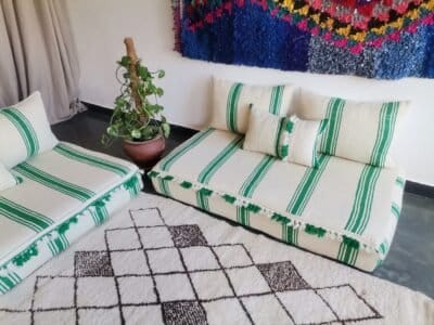 Moroccan Floor Couch Cover Set Cream - Green Stripes - Image 3