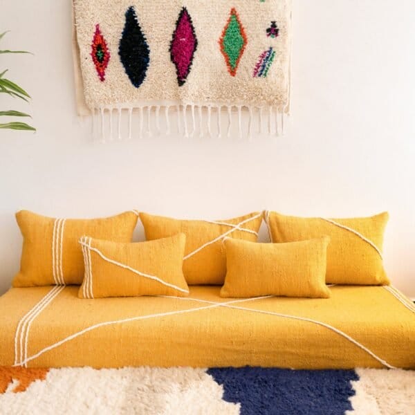 Handmade yellow Moroccan floor sofa set – vibrant boho seating with plain cushions for cozy and eclectic home decor