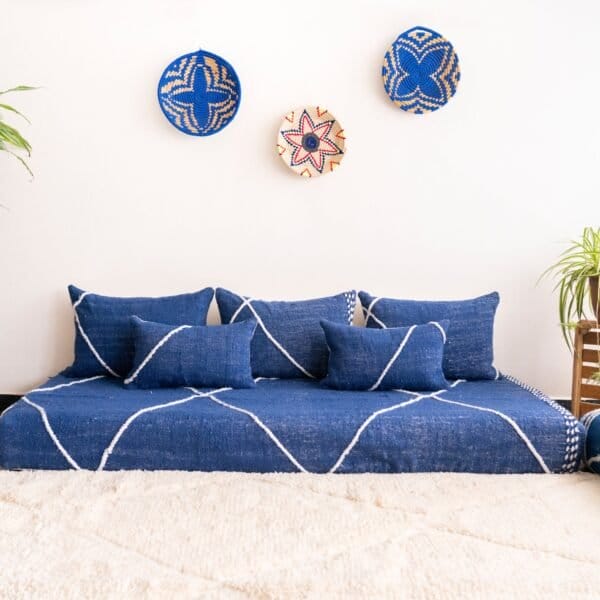 Main image of blue handmade Moroccan floor couch – artisan low seating with plain cushions for calming boho-style interiors