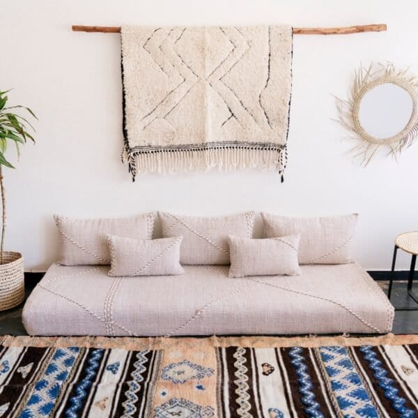 Main image of Moroccan floor couch in beige and white – handwoven low sofa set with plain cushions for airy and modern interiors