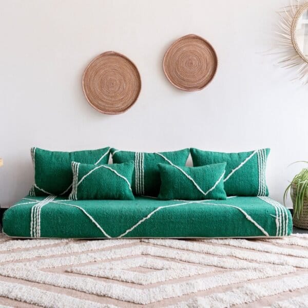 Main image of green handmade Moroccan floor couch – artisan low seating set with plain cushions for bohemian and natural living rooms