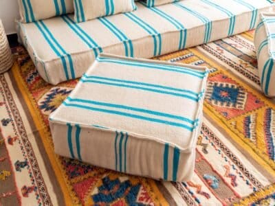 Cushions from Moroccan wool sofa in cream with turquoise – handwoven pillows for cozy, modern bohemian decor