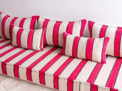 Handwoven cushions from Moroccan floor sofa in cream with red and black – artisan wool pillows for cozy and eclectic décor