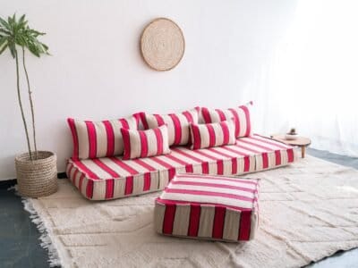 Moroccan Floor Couch Cover Set Cream - Fuchsia Stripes - Image 3