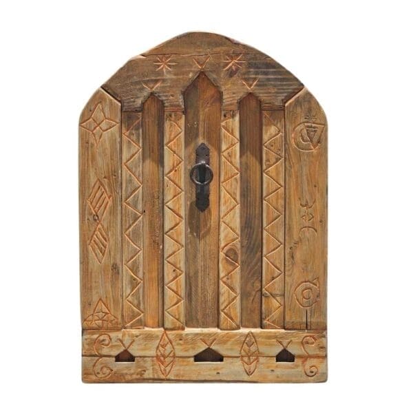 Handcrafted Amazigh cedar wood panel with traditional Berber carvings and distressed vintage finish