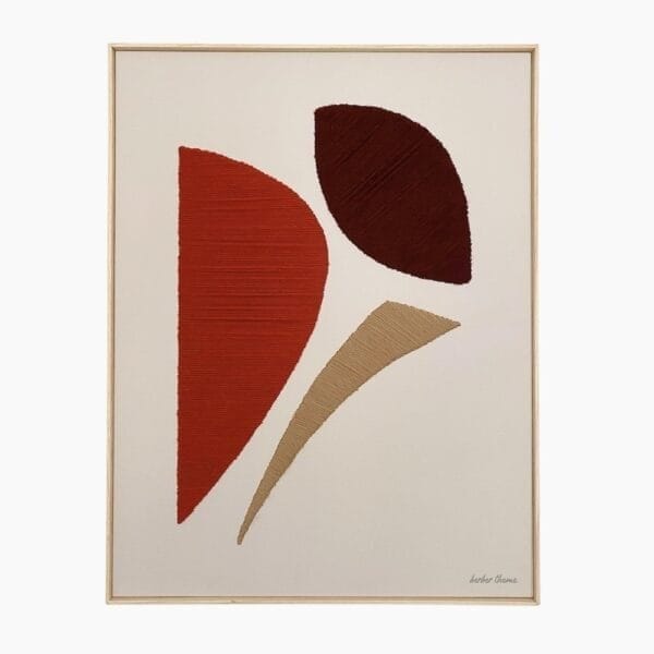 Showcasing a beautifully handcrafted Moroccan wool wall art piece, featuring abstract earthy shapes woven on natural cotton canvas. This framed artwork, sized 65 x 50 cm, combines traditional Berber craftsmanship with modern design, perfect for adding warmth and texture to any interior.