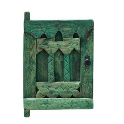 vintage Moroccan handcrafted wooden window panel with Moorish arch design and rustic finish