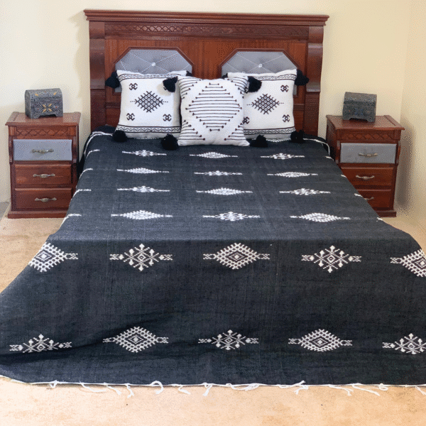 Moroccan black cotton blanket with fine white embroidery – handmade set includes 3 matching embroidered pillows