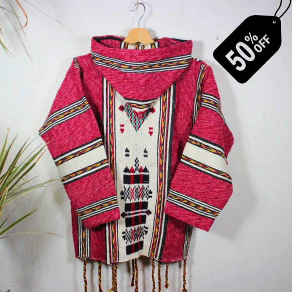 Handmade Moroccan fleece hoodie in pink and white stripes, unisex boho jacket with soft fleece and natural wool, wooden toggle buttons, cozy hood, artisan crafted for casual wear, travel, festivals, and layering