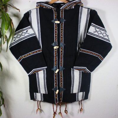 black handmade Moroccan fleece hoodie, artisan crafted unisex jacket blending tradition and modern comfort.