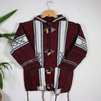 showing hood and shoulder area of red and black patterned handmade Moroccan hoodie with premium fleece and wool fabric.