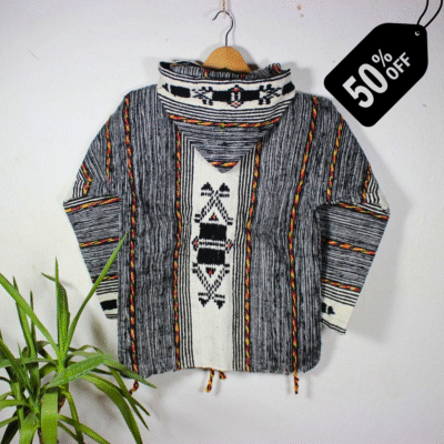 Stylish black and grey patterned handmade Moroccan fleece hoodie, unisex boho jacket featuring warm fleece and natural wool blend, traditional wooden toggle buttons, and a cozy hood – ideal for layering, casual wear, and festival fashion in USA, UK, and European bohemian communities.