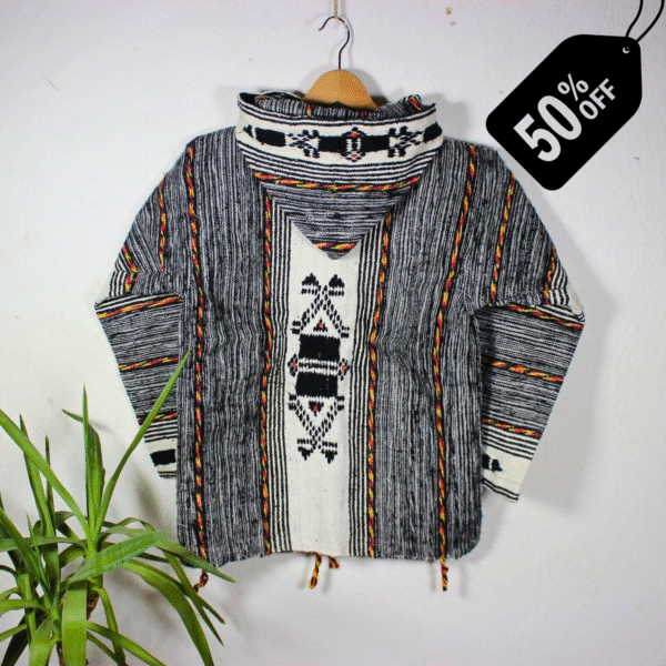 Stylish black and grey patterned handmade Moroccan fleece hoodie, unisex boho jacket featuring warm fleece and natural wool blend, traditional wooden toggle buttons, and a cozy hood – ideal for layering, casual wear, and festival fashion in USA, UK, and European bohemian communities.