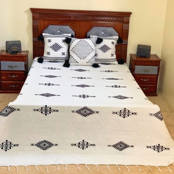 handmade Moroccan white Cotton blanket set embroidered with black patterns – includes 3 matching hand-embroidered pillowcases