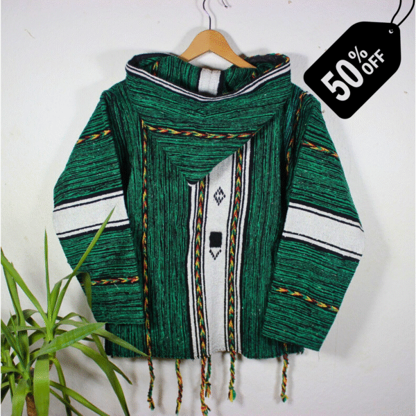 Unique green and black patterned handmade Moroccan fleece hoodie, unisex boho jacket crafted with premium fleece and natural wool, accented by wooden toggle buttons and a comfortable hood – perfect for travel, festivals, layering, and casual fashion across USA, UK, and Europe.