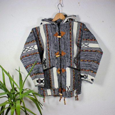 black and grey patterned Moroccan fleece hoodie, artisan crafted unisex jacket combining traditional Berber patterns with modern style.