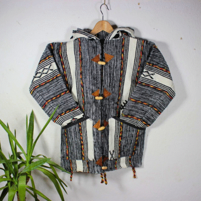 showing hood and shoulder details of black and grey patterned Moroccan hoodie with premium fleece and wool blend