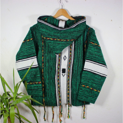 green and black patterned handmade Moroccan fleece hoodie, unisex boho jacket with wooden toggle buttons, cozy hood, crafted from premium fleece and natural wool