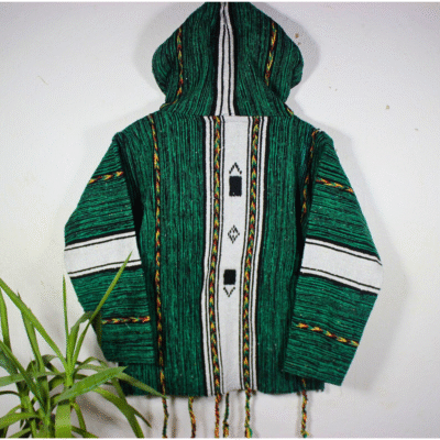 green and black patterned Moroccan fleece hoodie, unisex artisan jacket combining traditional patterns with modern comfort and style.