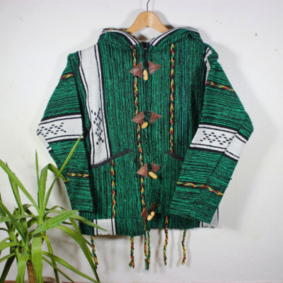 highlighting green and black patterns, cozy hood, and fleece wool blend of unisex Moroccan boho hoodie