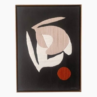 Abstract wool artwork in neutral tones on deep blue canvas, featuring organic forms and framed in tinted oak.