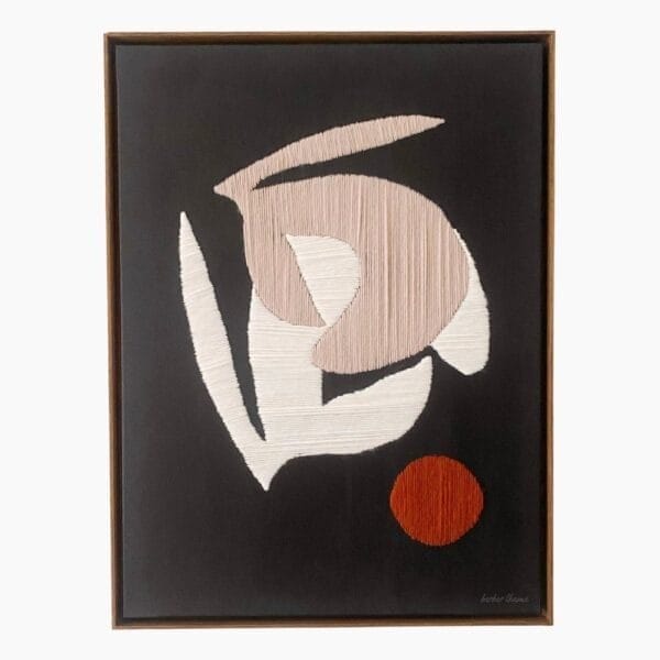Abstract wool artwork in neutral tones on deep blue canvas, featuring organic forms and framed in tinted oak.