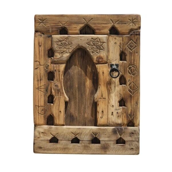 Handmade Vintage Amazigh Wooden Wall Panel with Berber Carvings on Natural Cedar Wood