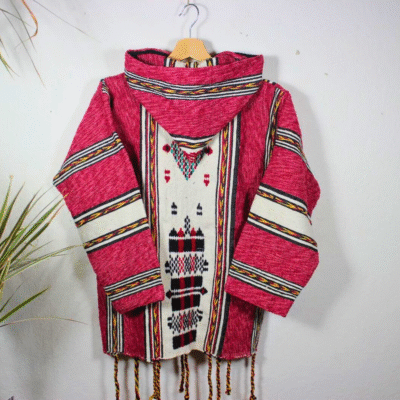 Handmade Moroccan fleece hoodie in pink and white stripes, unisex boho jacket with soft fleece and natural wool, wooden toggle buttons, cozy hood, artisan crafted for casual wear, travel, festivals, and layering. Popular in USA, UK, and European bohemian fashion markets