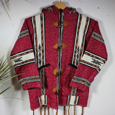 Handmade Moroccan fleece hoodie for women and men – pink and white striped boho jacket with hood – unisex Berber wool coat – warm artisan outerwear for winter and festivals