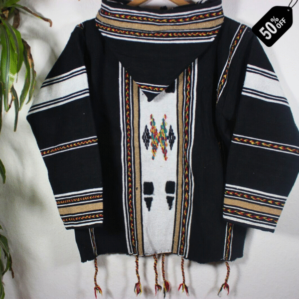 Classic black handmade Moroccan fleece hoodie, unisex boho jacket crafted from premium fleece and natural wool, featuring traditional wooden toggles and a cozy hood – versatile artisan outerwear ideal for layering
