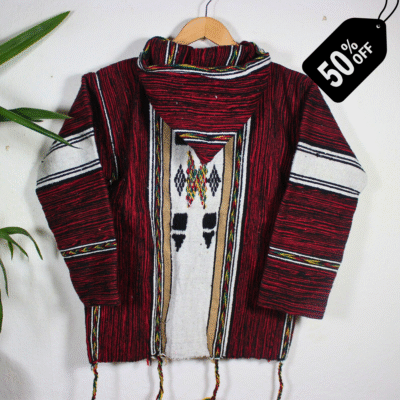Bold red and black patterned handmade Moroccan fleece hoodie, unisex boho jacket crafted from natural wool and premium fleece with traditional wooden toggles and hood – perfect for layering, travel, festivals, and casual fashion in USA, UK, and European markets.