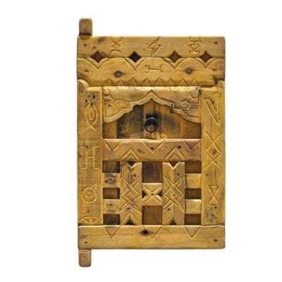 Handcrafted Amazigh cedar wood panel with intricate Berber carvings and vintage finish