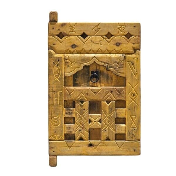 Handcrafted Amazigh cedar wood panel with intricate Berber carvings and vintage finish