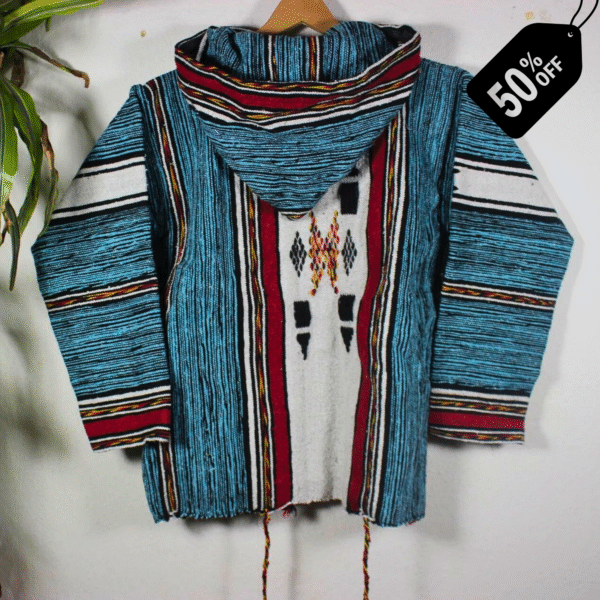 Turquoise and black patterned handmade Moroccan fleece hoodie, unisex Berber-inspired boho jacket with cozy hood and traditional wooden toggle buttons, crafted from premium natural wool and fleece – warm artisan outerwear perfect for festivals, travel, casual wear, and layering, popular in USA, UK, and European bohemian fashion markets.