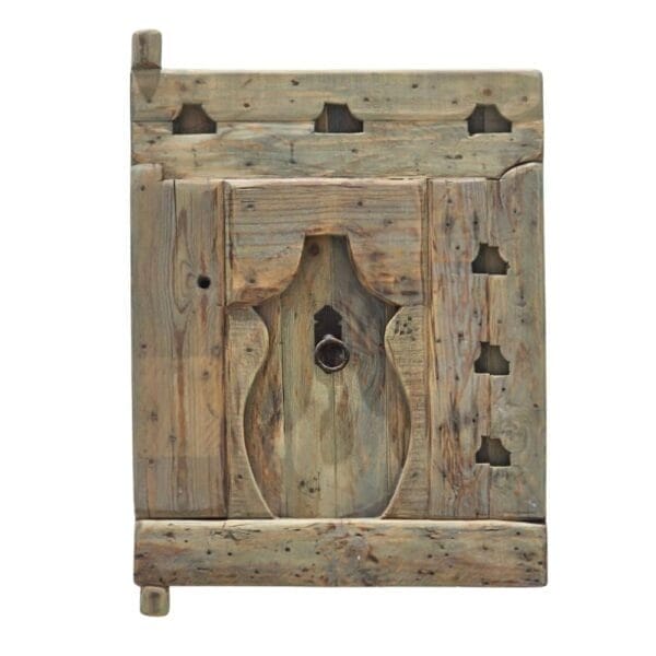 Handcrafted Amazigh cedar wood panel featuring traditional Berber carvings with rustic vintage finish