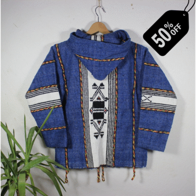 Deep blue handmade Moroccan fleece hoodie, unisex boho jacket made from natural wool and premium fleece with wooden toggles and cozy hood – artisan-crafted outerwear perfect for layering, festivals, travel, and everyday casual wear in USA, UK, and European fashion markets.