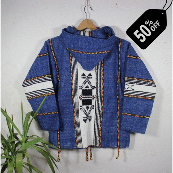 Deep blue handmade Moroccan fleece hoodie, unisex boho jacket made from natural wool and premium fleece with wooden toggles and cozy hood – artisan-crafted outerwear perfect for layering, festivals, travel, and everyday casual wear in USA, UK, and European fashion markets.