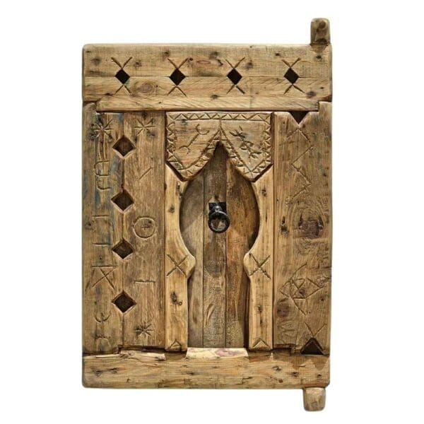 Handcrafted Amazigh cedar wood panel with authentic Berber carvings and rustic vintage finish