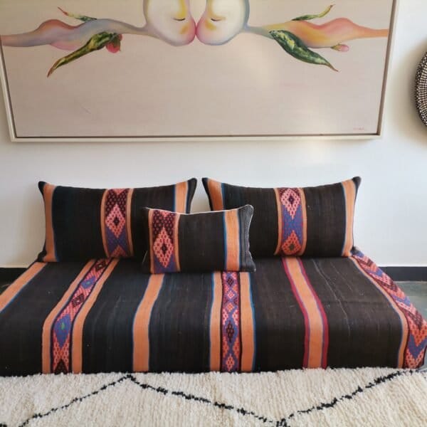 Handmade Moroccan wool floor sofa set in black and orange with blue embroidered stripes, unstuffed and zippered cushion covers