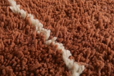 Detailed texture view showing thick lamb wool fibers and expert weaving in a warm terracotta Moroccan rug with ivory trellis lines.
