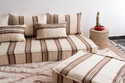 cream and brown wool cushion fabric showing traditional Berber stripe pattern