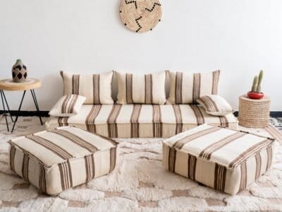 Handmade Moroccan wool floor sofa set in cream with brown Berber stripes, unstuffed cushions with zippered covers
