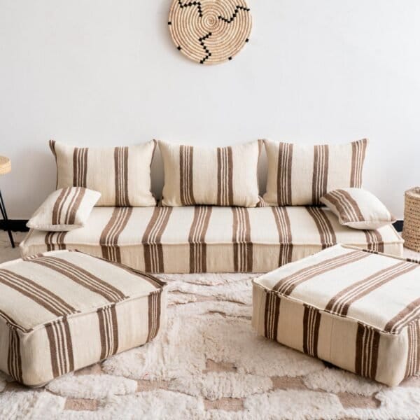 Handmade Moroccan wool floor sofa set in cream with brown Berber stripes, unstuffed cushions with zippered covers