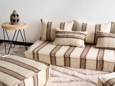 Unstuffed Moroccan floor cushions with zippered covers ready for filling