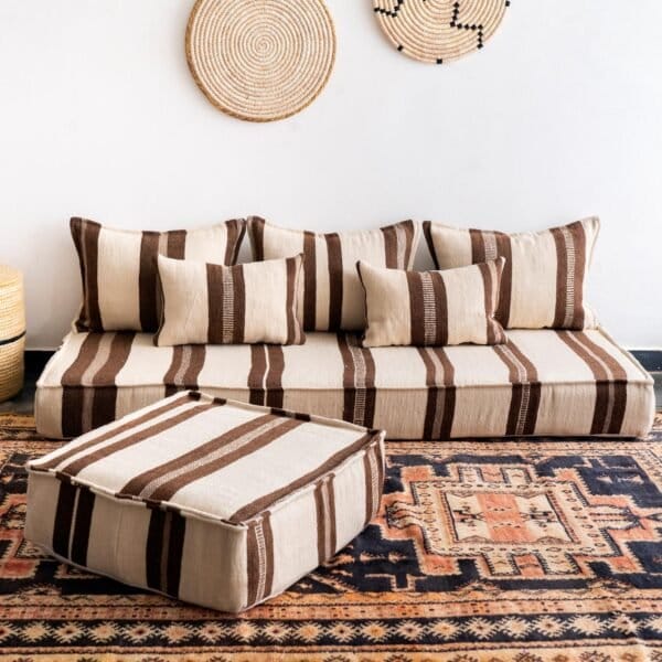 Handmade Moroccan floor couch covers in ivory with brown Berber stripes, unstuffed wool cushions with zippered openings