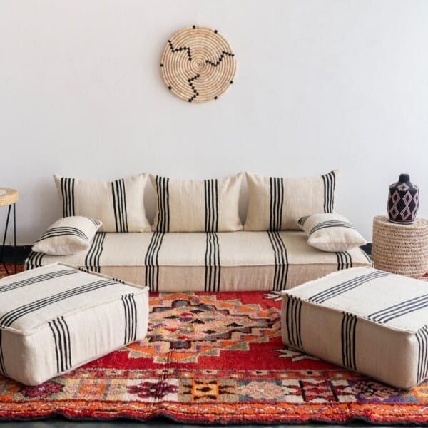 Handmade Moroccan couch covers in cream wool with black Berber lines, includes unstuffed cushion and pillow covers with hidden zippers